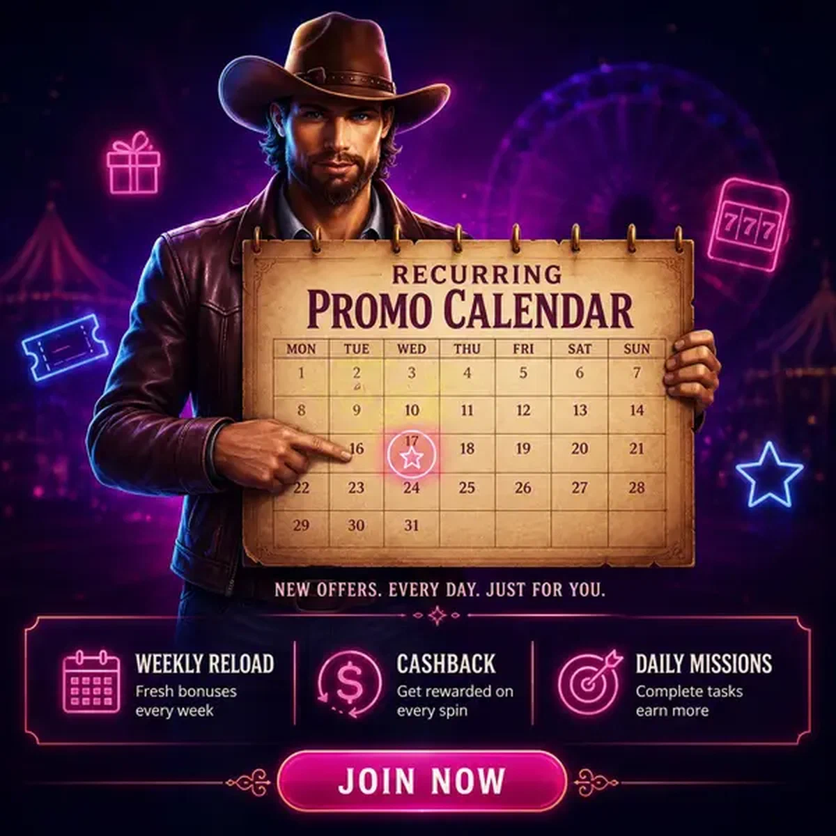 Kermisterreinverkenner houdt kalender vast die het terugkerende promocode-schema van NV Casino toont