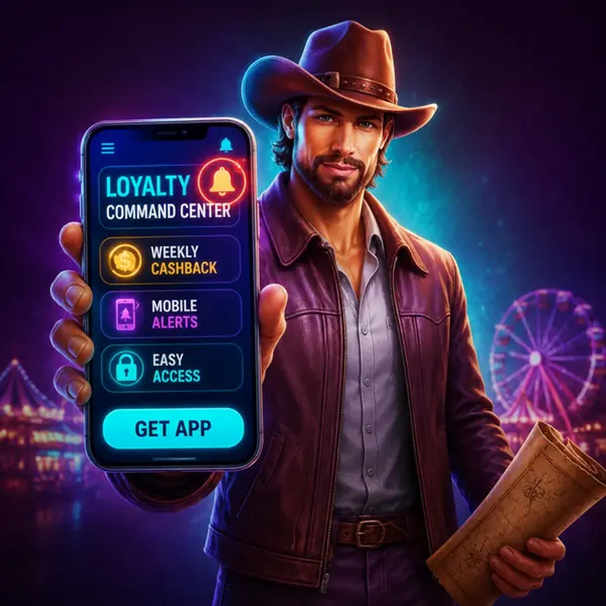 NV Mobiele App loyaliteitscommandocentrum met smartphone die wekelijkse cashbackmeldingen toont