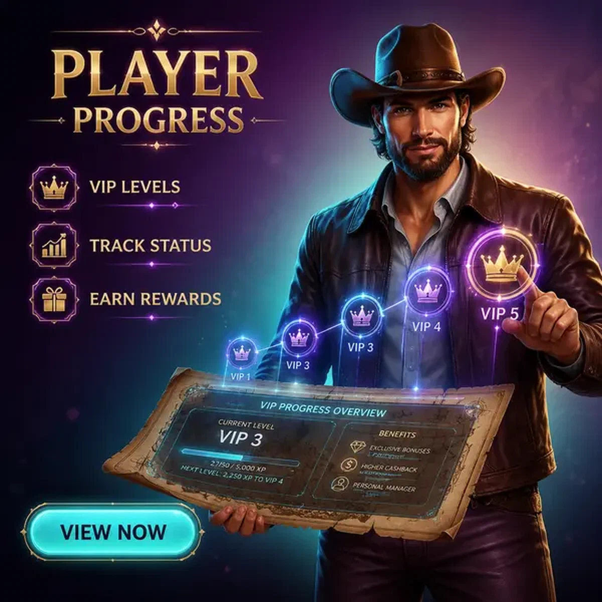 Speler bekijkt voortgangsniveaus bij Returning Player Dashboard login portaal