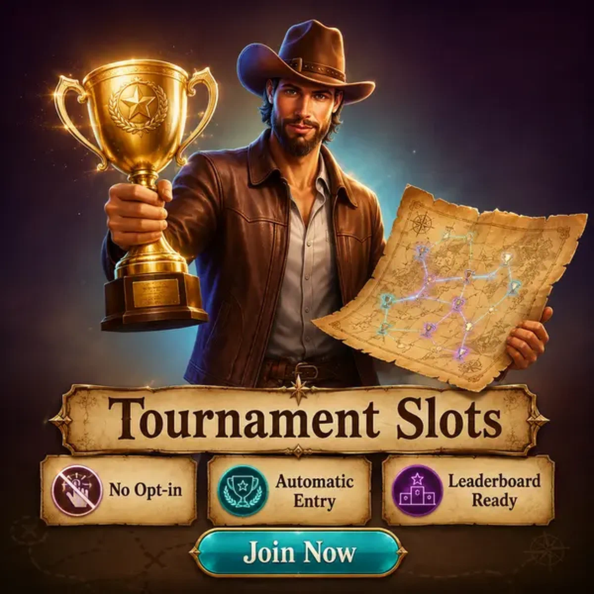 Kermisfiguur die gouden trofee presenteert bij Tournament-Eligible NV Gratis Gokkasten toernooi overwinning
