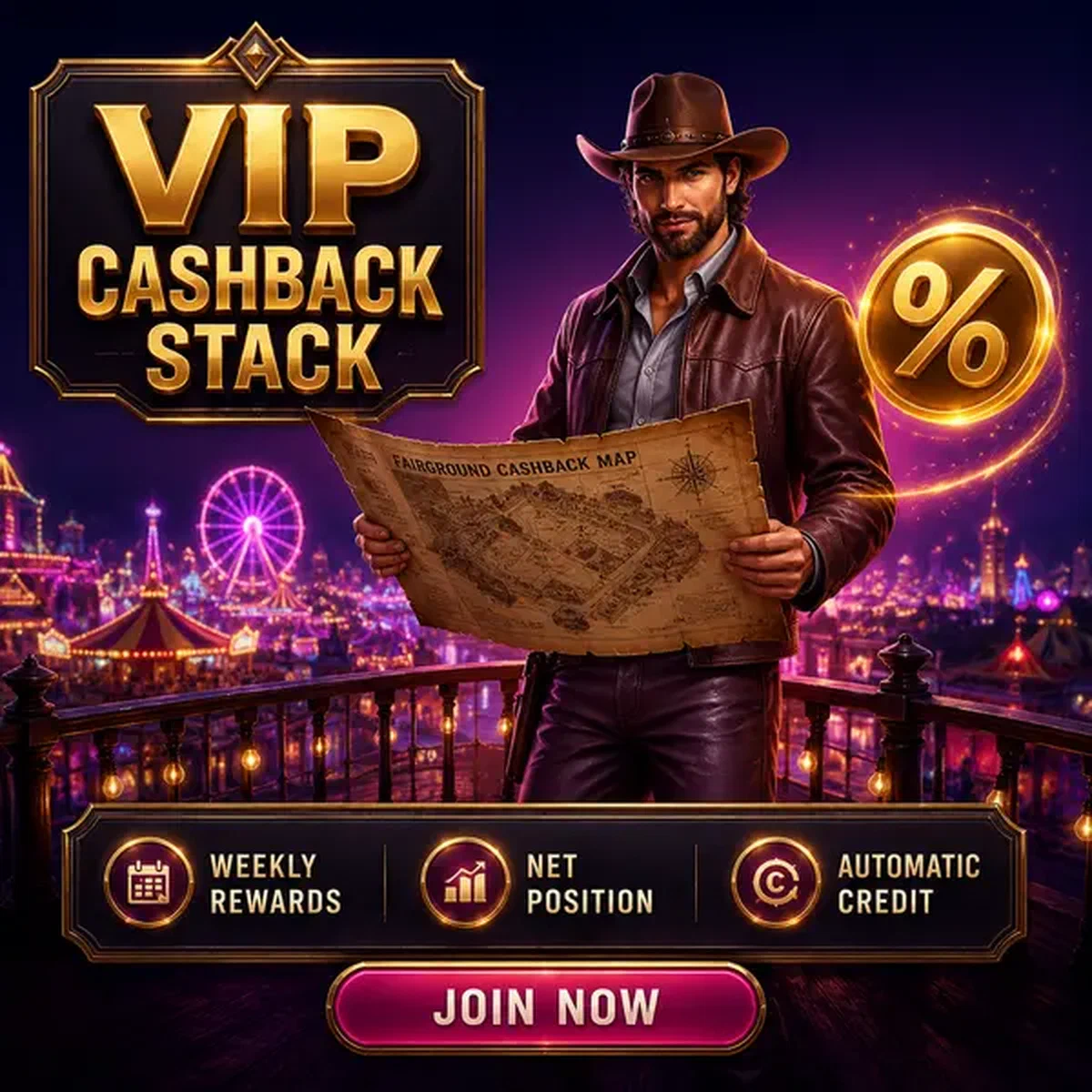Speler ontdekt VIP Cashback Stack bonusbeloningen op kermis-thema casinovloer