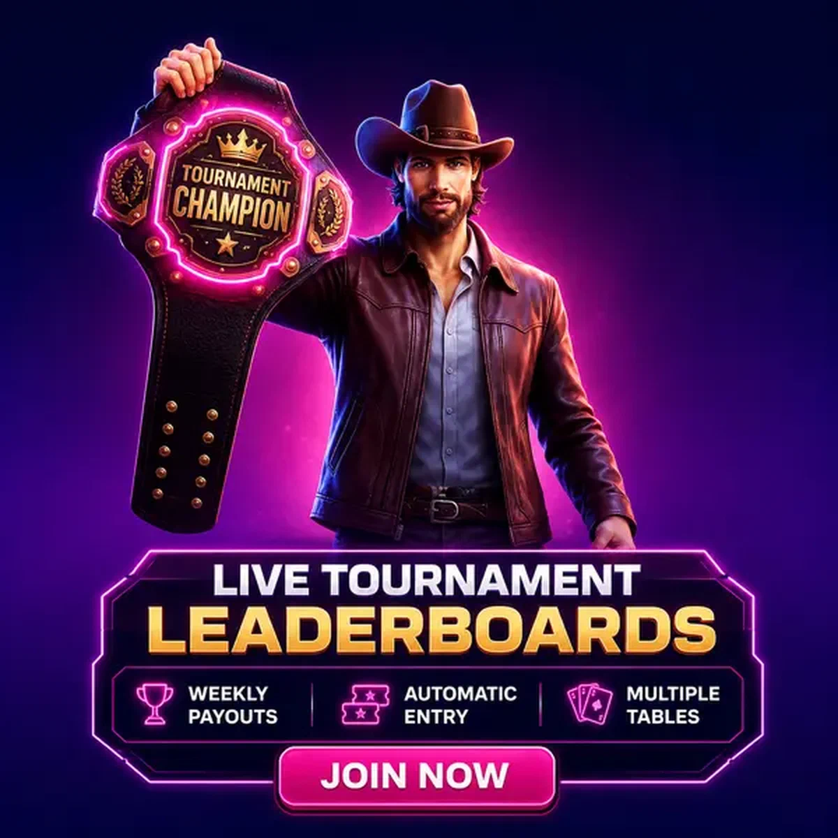 Toernooi kampioen met gloeiende belt bij Live Tournament Leaderboards live casino overwinningszone