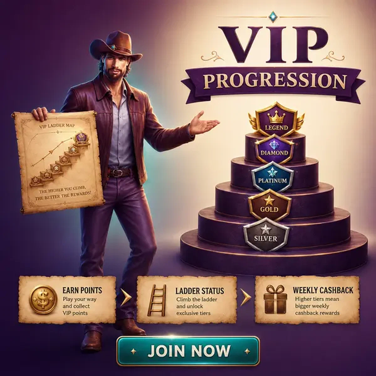 De Fairground Trailfinder presenteert VIP Progression-niveaubadges terwijl speler zich inschrijft bij de registratiebalie
