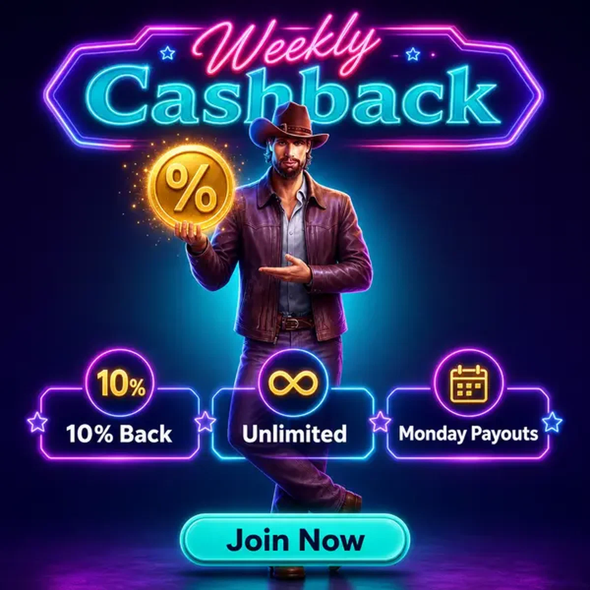Kermisfiguur die gouden percentage embleem presenteert voor wekelijkse cashback bij gokkasten lobby