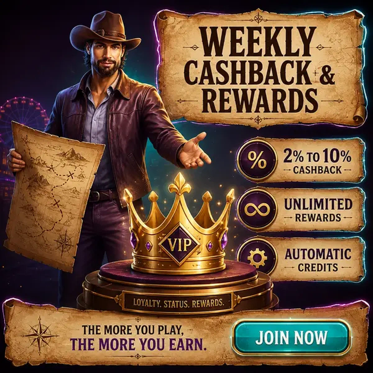 Kermis gids presenteert Wekelijkse Cashback en Beloningen met gouden kroon bij login portaal
