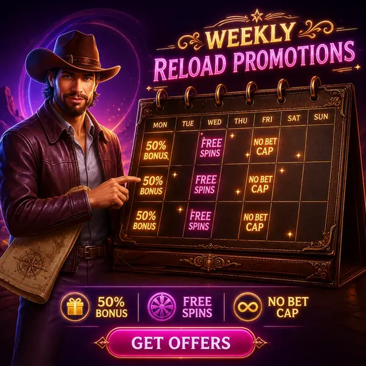 Kermis Trailfinder onderzoekt wekelijkse bonuskalender aan gloeiende promotionele desk