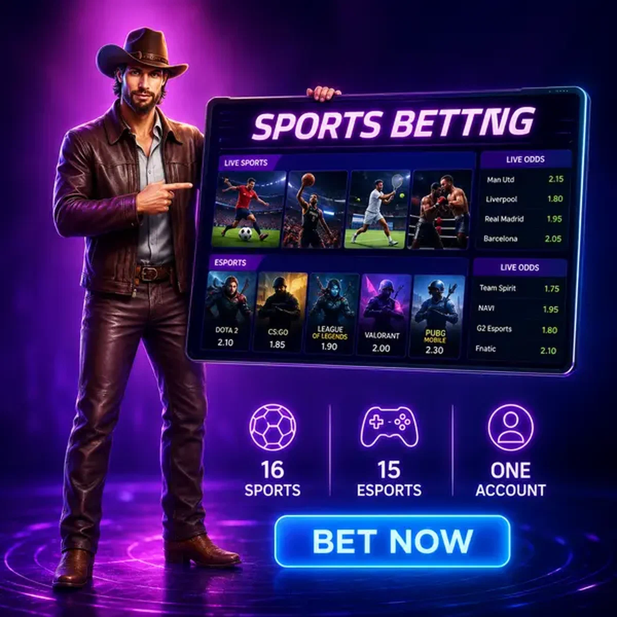 Kermispersonage toont sportweddenschapsopties bij NV Casino Sports Betting display